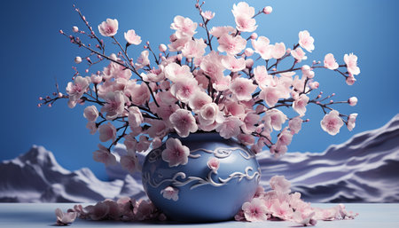 Nature beauty blossoms in springtime with pink cherry blossom trees generated by artificial intelligenceの素材