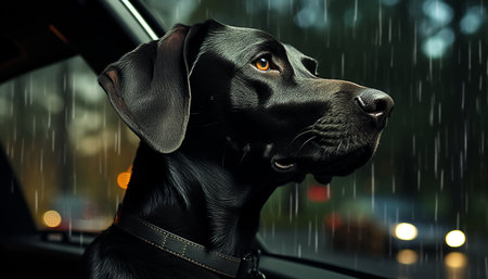 A cute puppy, wet from the rain, looking at its reflection generated by artificial intelligenceの素材