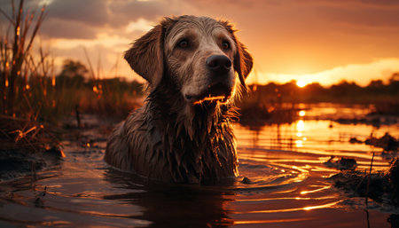 A cute puppy sitting by the water, reflecting the sunset generated by artificial intelligenceの素材