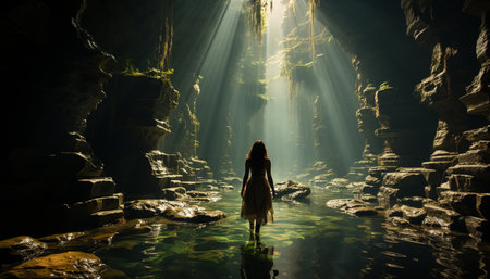 Silhouette of men and women walking in dark, mysterious underwater landscape generated by artificial intelligenceの素材