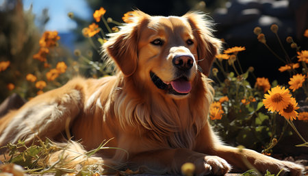 A cute puppy sitting in the grass, enjoying the sunlight generated by artificial intelligenceの素材