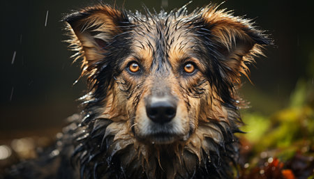 Cute wet puppy sitting in grass, looking at camera, loyal generated by artificial intelligenceの素材