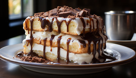A decadent slice of homemade chocolate cake on a wooden plate generated by artificial intelligenceの素材