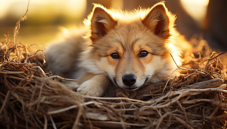 Cute dog playing in the grass, enjoying the summer sunlight generated by artificial intelligenceの素材