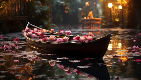 Nautical vessel floats on tranquil water, reflecting autumn beauty generated by artificial intelligenceの素材