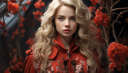 Young woman with blonde hair, looking at camera, outdoors in autumn generated by artificial intelligenceの素材