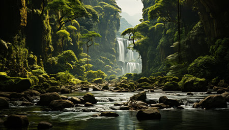 Majestic forest, flowing water, tranquil scene, reflecting heaven beauty generated by artificial intelligenceの素材