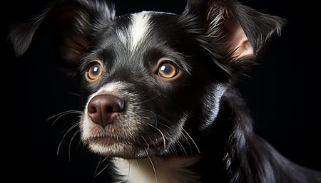 Cute puppy sitting, looking at camera, black background, purebred dog generated by artificial intelligenceの素材