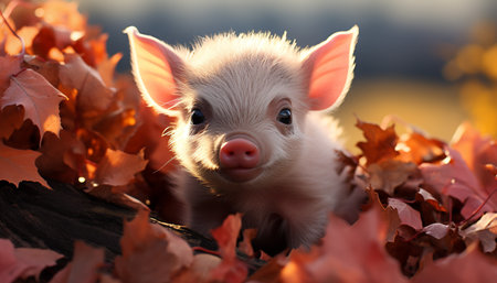 Cute puppy and piglet play in autumn meadow generated by artificial intelligenceの素材