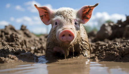 Cute piglet in mud, looking at camera on farm generated by artificial intelligenceの素材