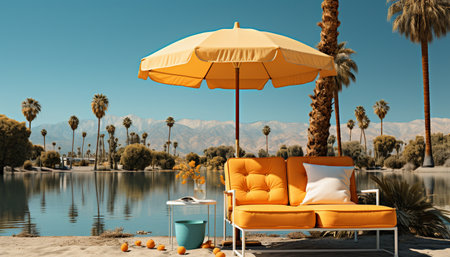 Relaxing summer vacations palm trees, blue water, tropical climate generated by artificial intelligenceの素材