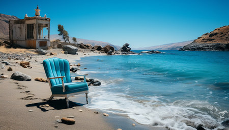 Men sitting on a chair, looking at the tranquil seascape generated by artificial intelligenceの素材