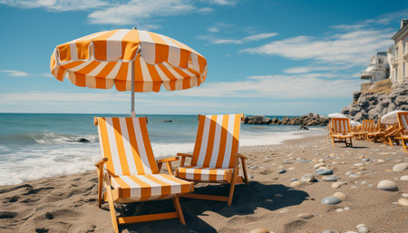 Summer vacations with sand and chair, outdoors, nature, relaxation, coastline, blue generated by artificial intelligenceの素材