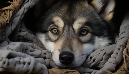 Cute puppy sitting outdoors, looking at camera with fluffy fur generated by artificial intelligenceの素材