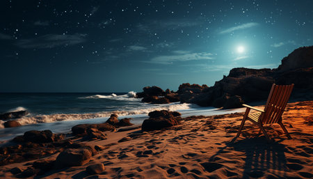 Tranquil dusk, waves crash on sandy coastline, nature beauty generated by artificial intelligenceの素材