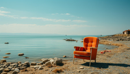 Sitting on a comfortable chair, enjoying the tranquil seascape generated by artificial intelligenceの素材