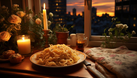 Gourmet meal on table, candle flame illuminates celebration generated by artificial intelligenceの素材