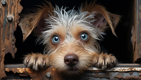 Cute puppy sitting outdoors, looking at camera with sad eyes generated by artificial intelligenceの素材