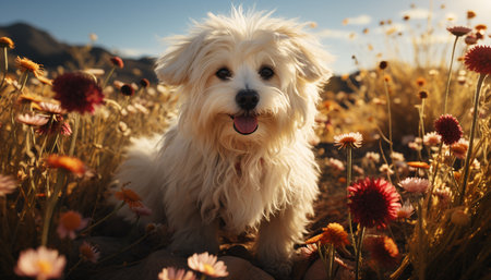 Cute puppy sitting on grass, looking at camera, enjoying nature generated by artificial intelligenceの素材