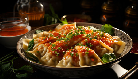 Homemade Chinese dumplings, steamed and ready to eat, served on rustic crockery generated by artificial intelligenceの素材