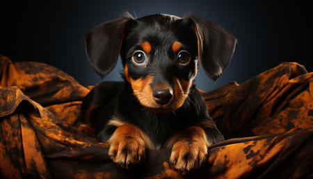 Cute puppy sitting, looking at camera, black dachshund in studio generated by artificial intelligenceの素材