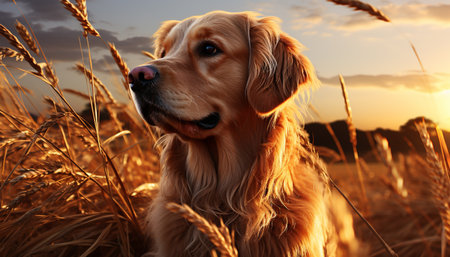 Cute puppy sitting in meadow, looking at golden sunset generated by artificial intelligenceの素材