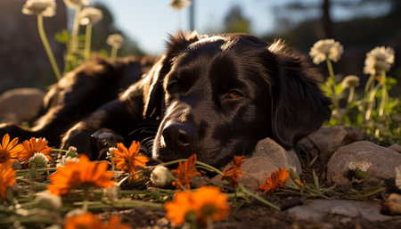 Cute puppy sitting in grass, enjoying nature playful beauty generated by artificial intelligenceの素材