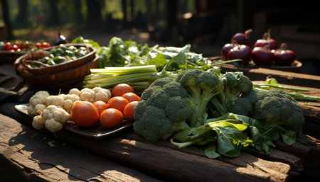 Fresh organic vegetables on wooden table, healthy eating outdoors generated by artificial intelligenceの素材