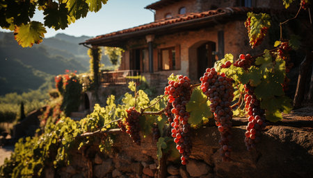 Fresh grape harvest in rustic vineyard, nature organic winemaking generated by artificial intelligenceの素材