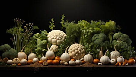 Fresh autumn vegetables decorate the table in vibrant colors generated by artificial intelligenceの素材