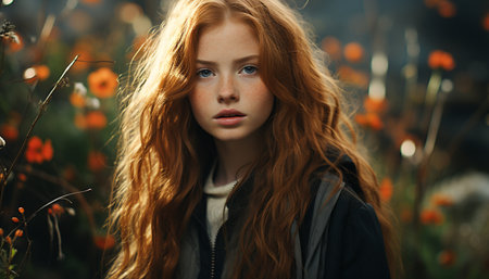 One beautiful woman, smiling, looking at camera in nature generated by artificial intelligenceの素材