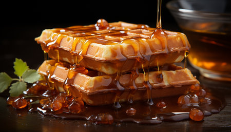 Freshness and sweetness pour over homemade Belgian waffle generated by artificial intelligenceの素材