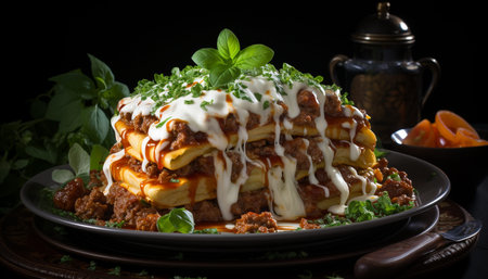 Healthy eating Freshness, gourmet meal, cooked meat, vegetable lasagna generated by artificial intelligenceの素材