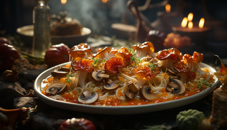 Fresh seafood meal on wooden plate, healthy and delicious generated by artificial intelligenceの素材