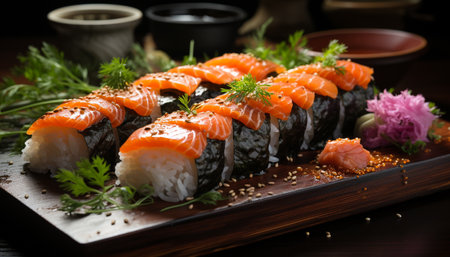 Freshness on plate seafood, sushi, sashimi, nigiri, maki, fish generated by artificial intelligenceの素材