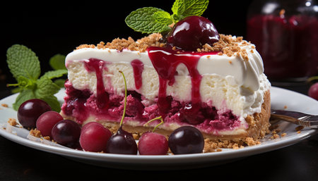 Homemade gourmet dessert fresh berry cheesecake with whipped cream generated by artificial intelligenceの素材