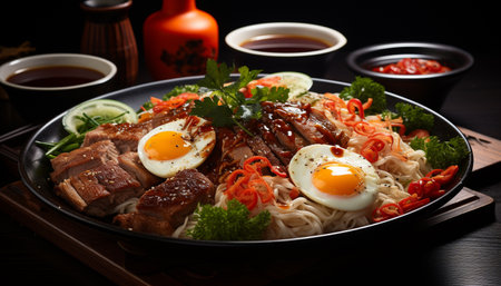 Grilled pork, beef, and vegetable meal on wooden plate generated by artificial intelligenceの素材
