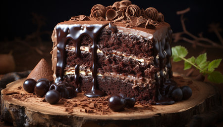Homemade chocolate cake slice, indulgence on rustic wood table generated by artificial intelligenceの素材