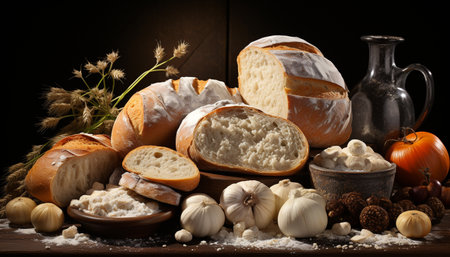 Freshness of nature on rustic wooden table, healthy vegetarian meal generated by artificial intelligenceの素材