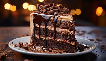 A slice of homemade chocolate cake on a plate generated by artificial intelligenceの素材