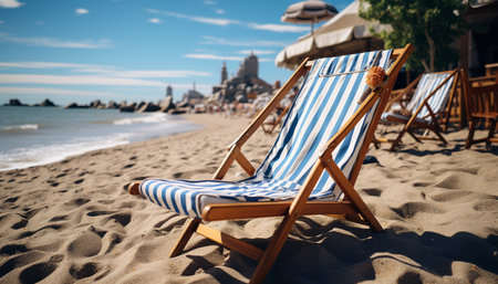 Relaxation in nature sun, water, coastline, deck chair generated by artificial intelligenceの素材