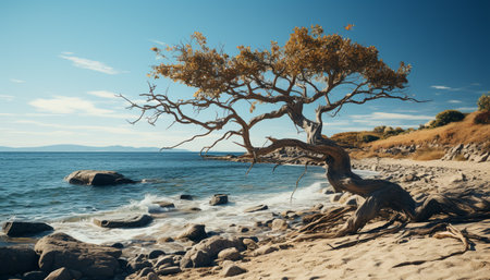 Sunset over the tranquil coastline, nature beauty in summer generated by artificial intelligenceの素材