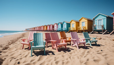 Tranquil coastline, clear sky, bright sunlight, multi colored deck chairs generated by artificial intelligenceの素材