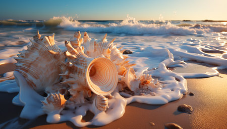 Sunset over the coastline, waves crash on sandy beach generated by artificial intelligenceの素材