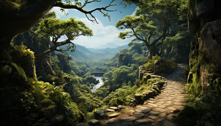 The green forest, a majestic mountain, and a tranquil waterfall generated by artificial intelligenceの素材