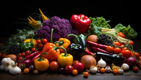healthy vegetables tomato with garlic, onion, carrot, pumpkin, pepper generated by artificial intelligenceの素材