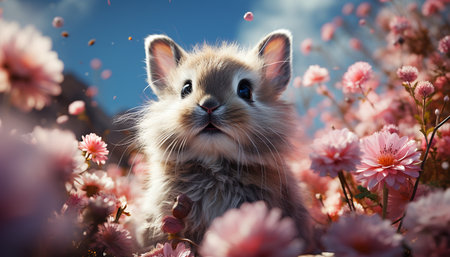 Cute small animal, fluffy rabbit, sitting in meadow generated by artificial intelligenceの素材
