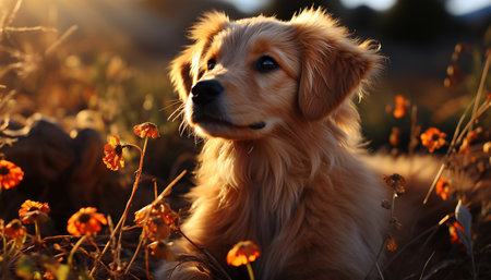 Cute puppy playing in the meadow, enjoying the autumn generated by artificial intelligenceの素材
