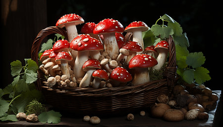 Freshness of autumn forest edible mushrooms in wicker basket generated by artificial intelligenceの素材