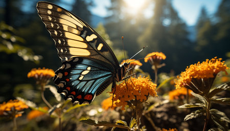 A vibrant butterfly pollinates a yellow flower in nature generated by artificial intelligenceの素材